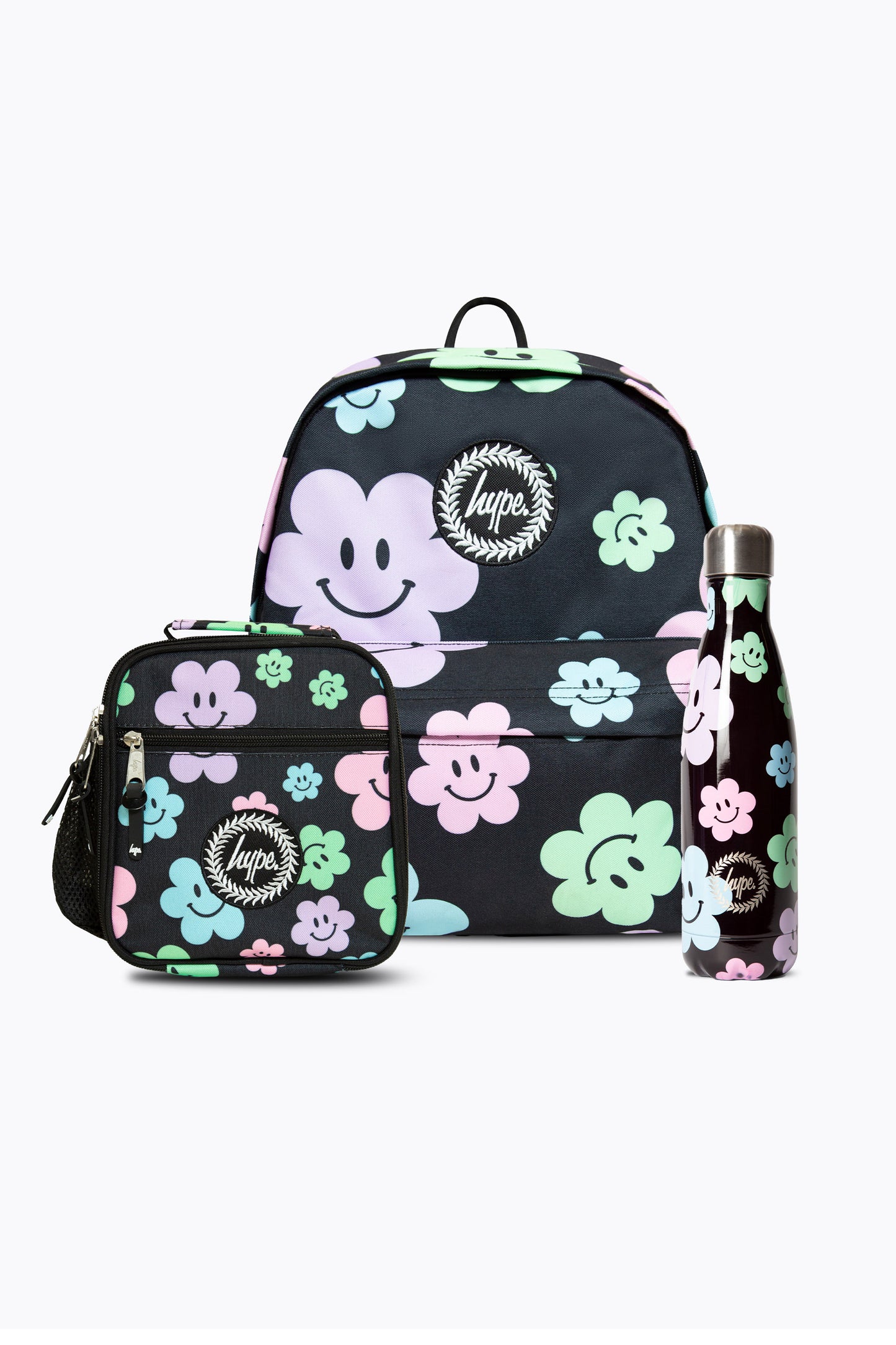 Hype Girls Black Happy Flowers Backpack, Lunch Bag & Bottle Bundle