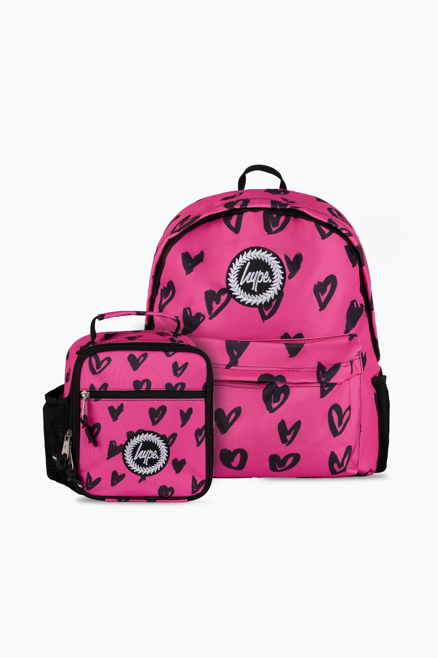 Hype Unisex Multi Pink/Black Glitter Scribble Hearts Backpack & Lunch Bag Bundle