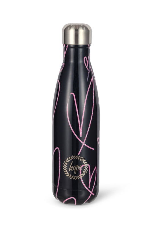 Hype Girls Black/Purple Glitter Scribble Hearts Thermal Water Bottle