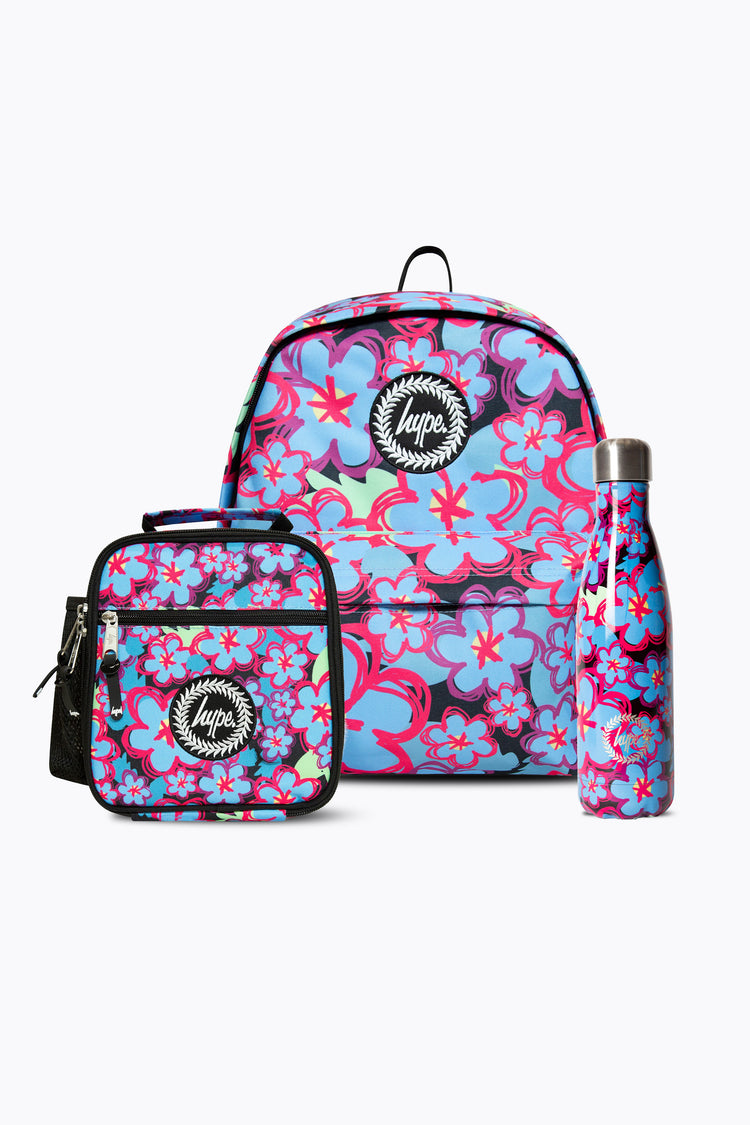 HYPE GIRLS BLUE FLOWERS BACKPACK, LUNCHBAG & BOTTLE BUNDLE