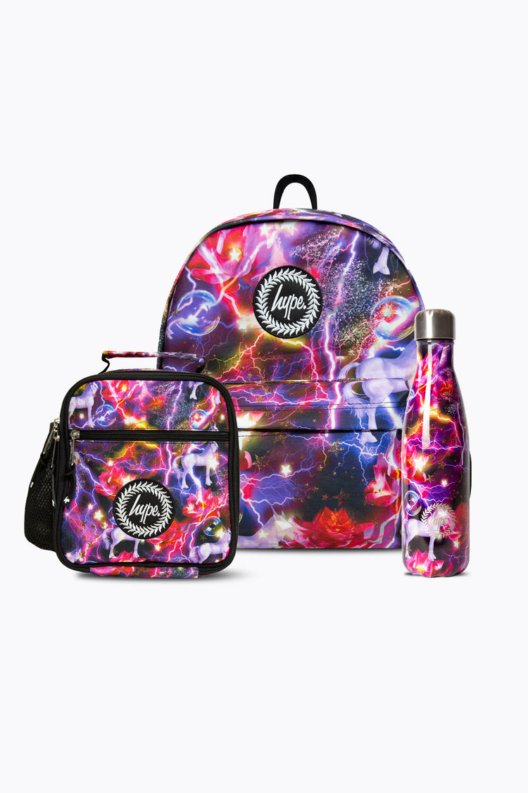 HYPE GIRLS PINK/PURPLE UNICORN LIGHTNING BACKPACK, LUNCHBAG & BOTTLE BUNDLE