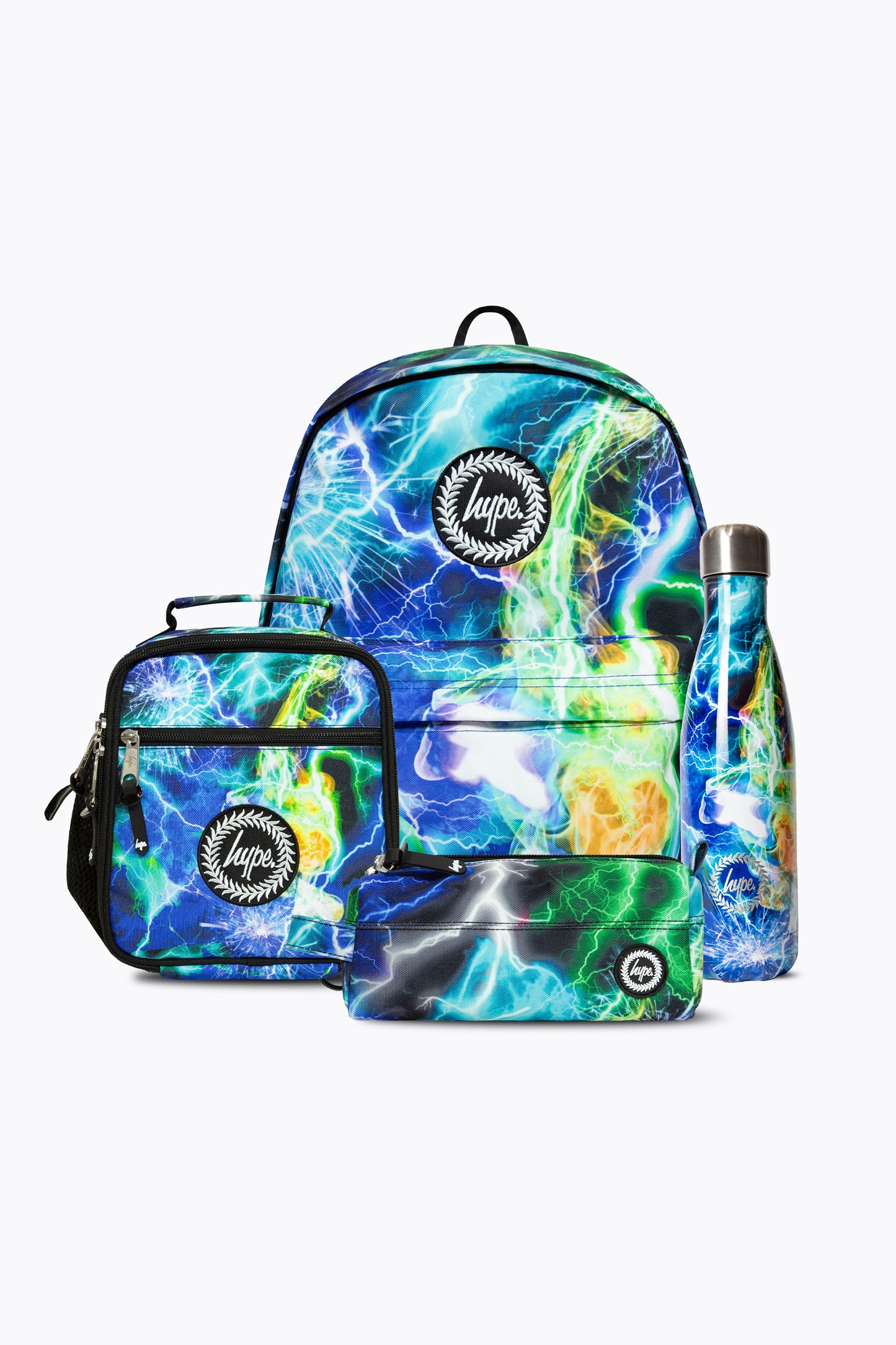 Hype Boys Blue Lightning Storm Backpack, Lunchbag, Pencil Case & Bottle Bundle