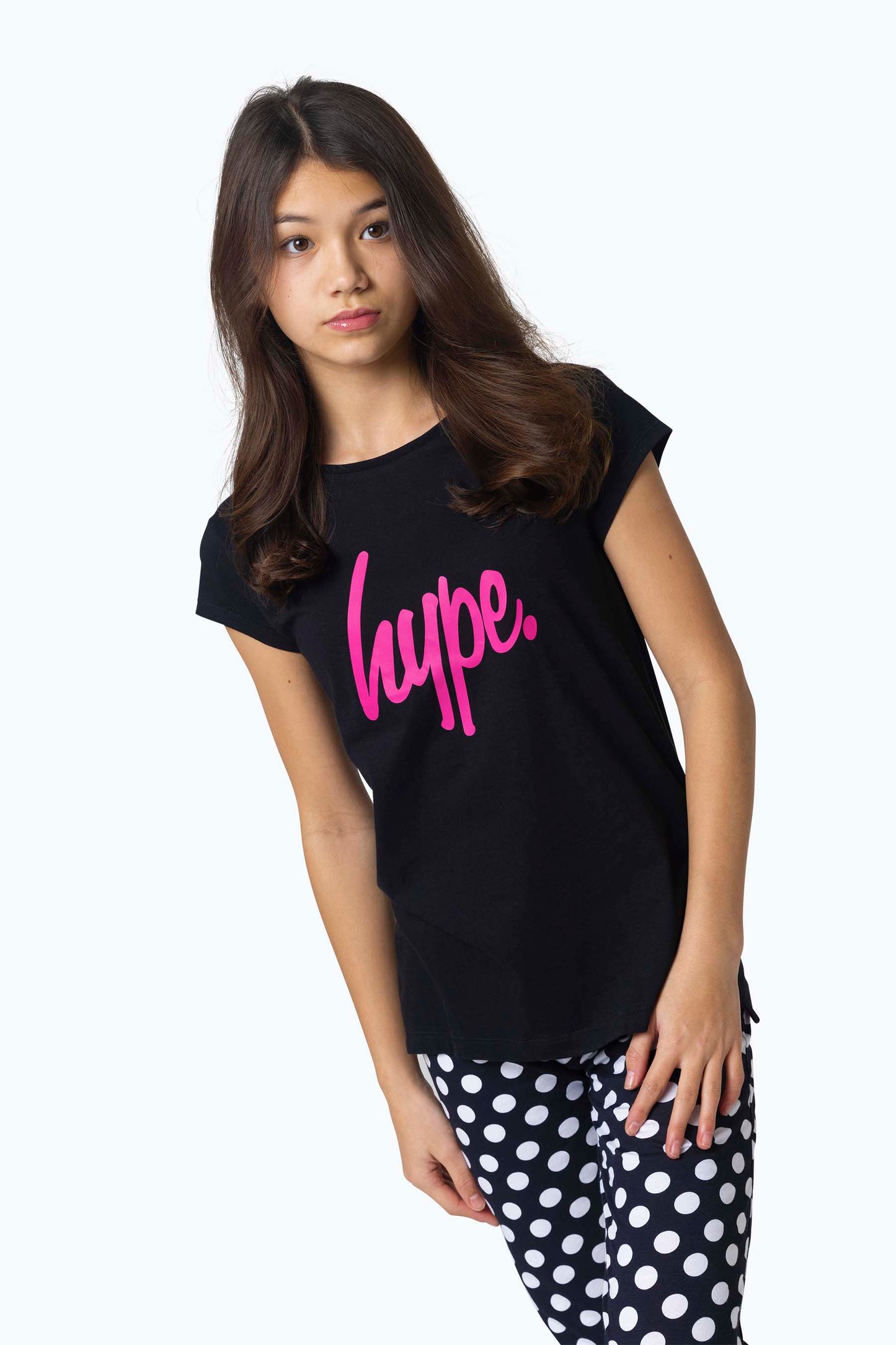 1Pack Girls Hype Cap Sleeve Slouchy Tee & Cuff Leg Spot Pj Set Black