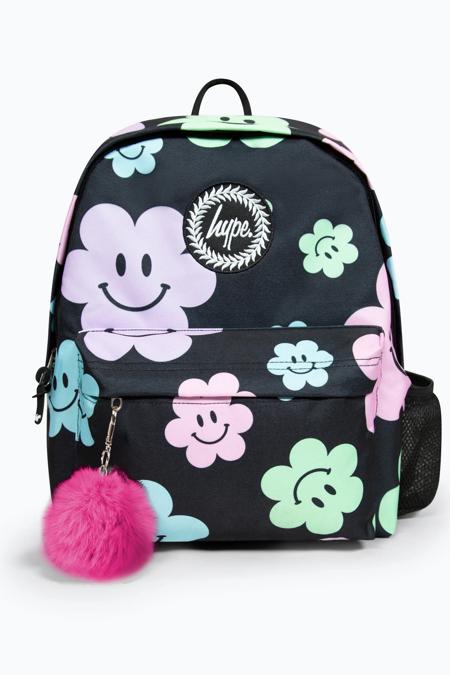 black leather backpack with flowers Hype Girls Iconic Black Happy Flower Backpack