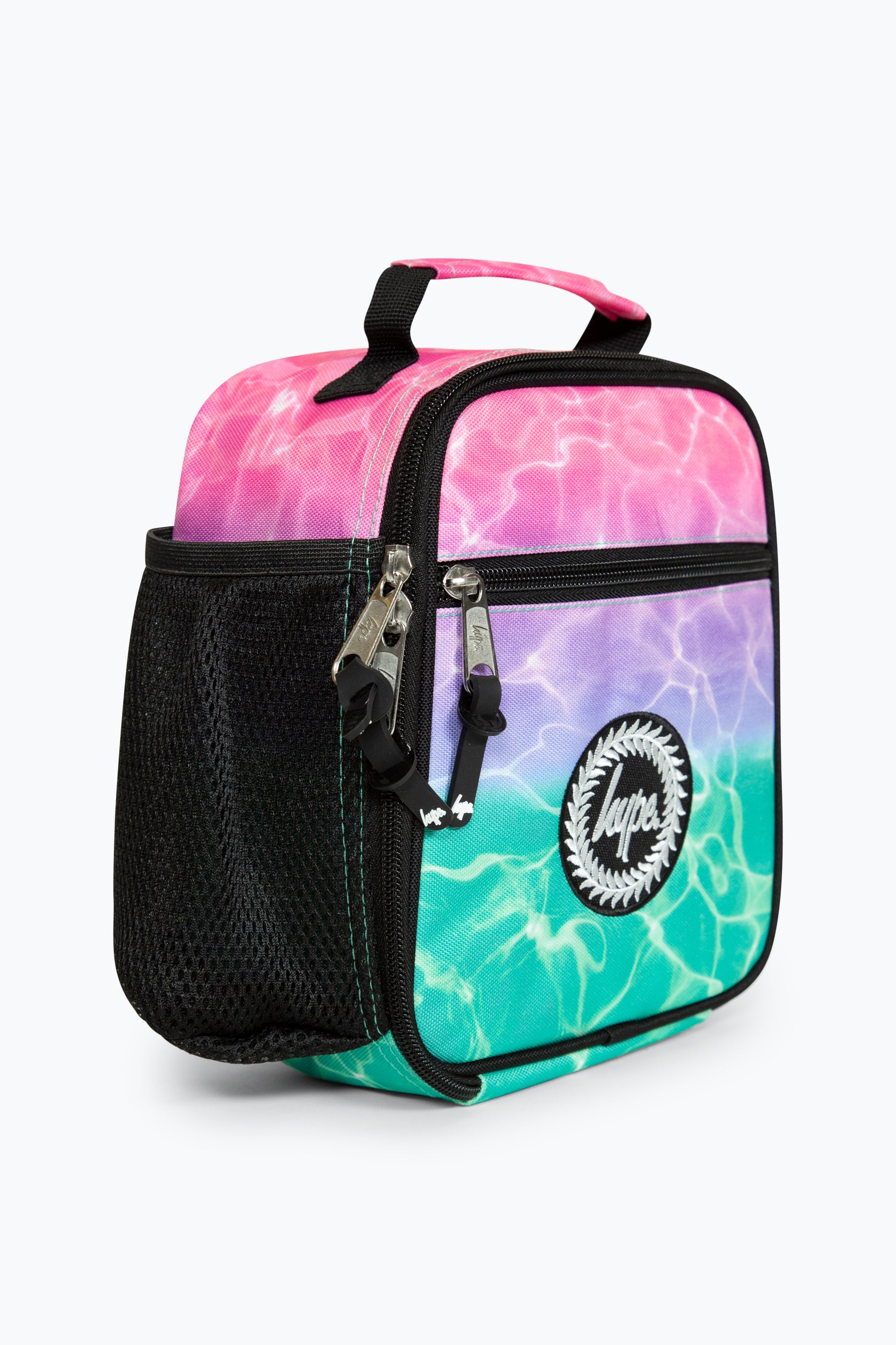 Hype Pink and Turquoise Pastel Pool Girls Lunch Bag Left Side