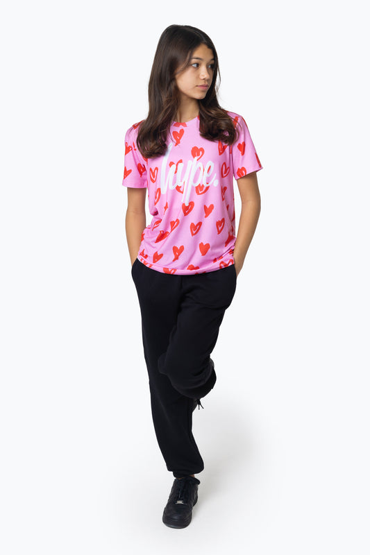 HYPE GIRLS MULTI SCRIBBLE HEARTS PINK T-SHIRT