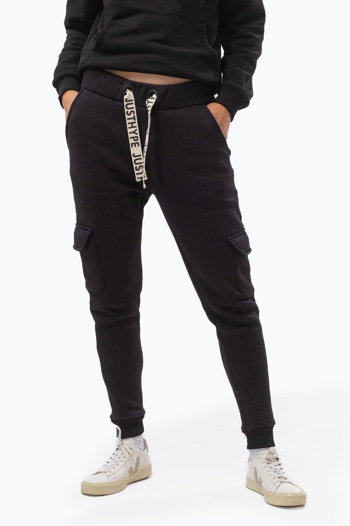 Justhype Womens Black Branded Drawcord Cargo Joggers