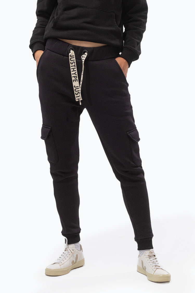 JUSTHYPE WOMENS BLACK BRANDED DRAWCORD CARGO JOGGERS