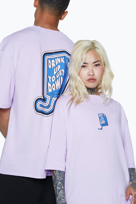 CONTINU8 UNISEX LILAC DRINK UP TO GET DOWN BOXY T-SHIRT