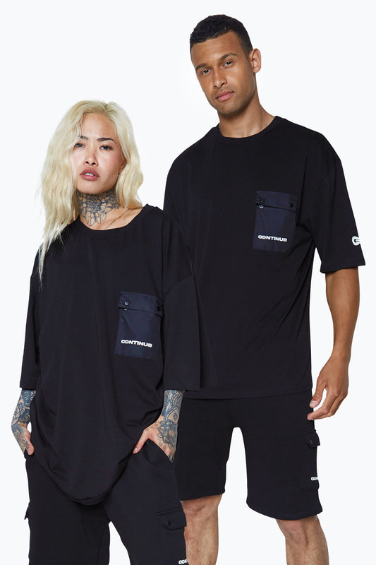 Continu8 Unisex Black Cargo Pocket Boxy T-Shirt