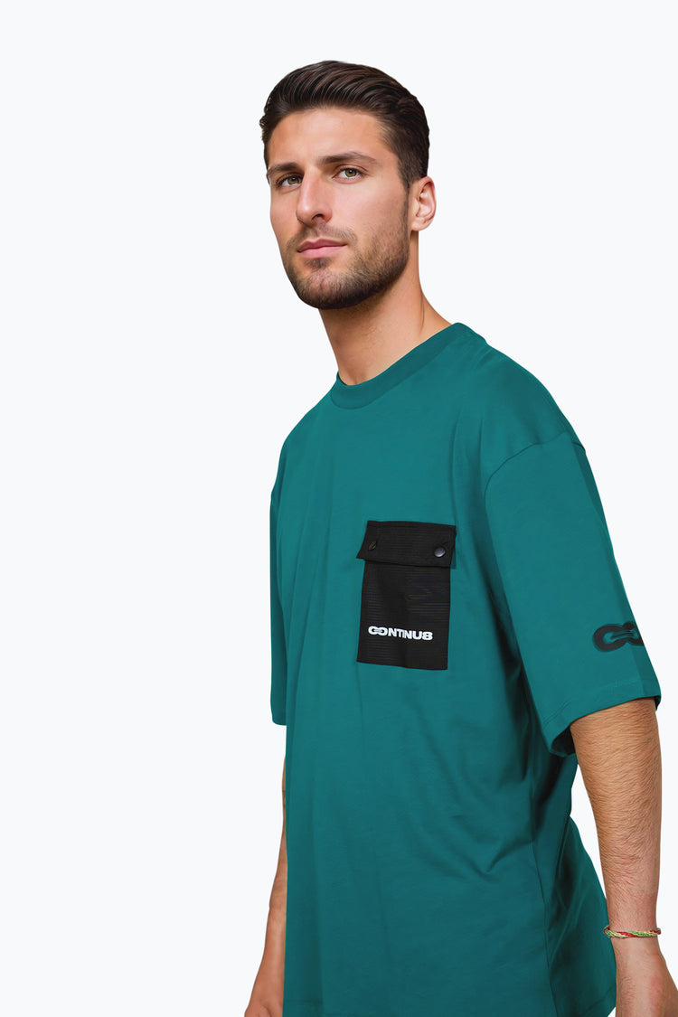 CONTINU8 UNISEX DARK TEAL CARGO POCKET BOXY T-SHIRT