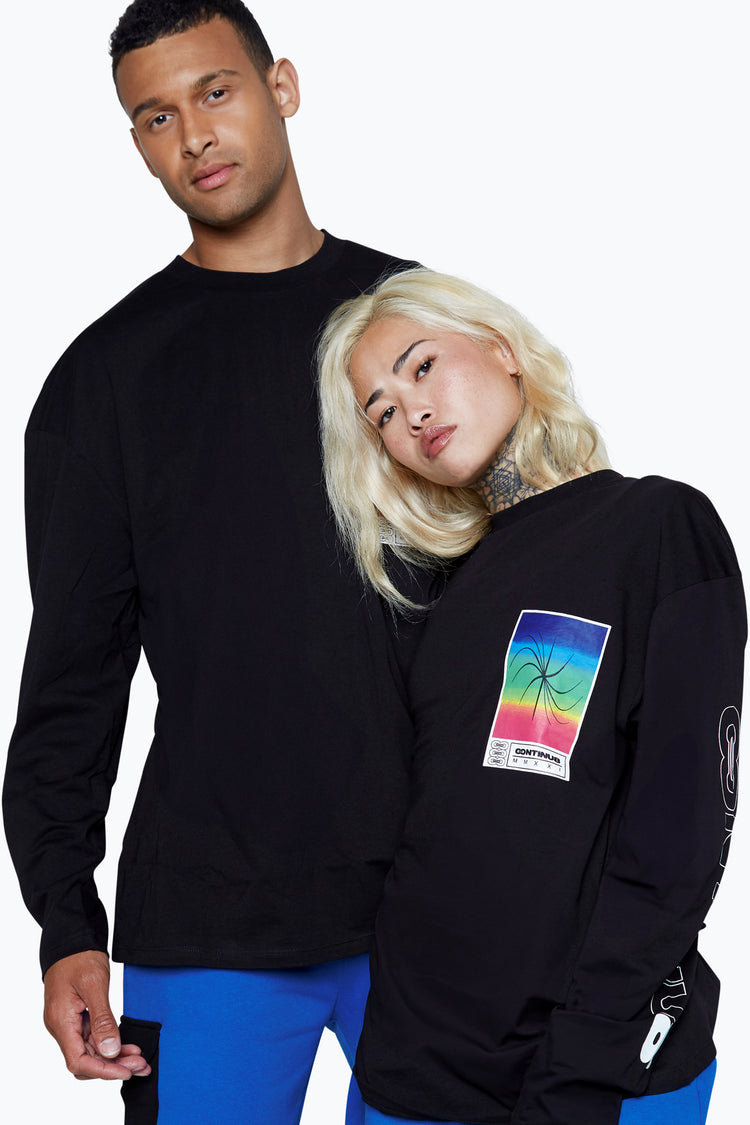 CONTINU8 UNISEX BLACK SQUARE SPECTRUM BOXY LONG SLEEVE T-SHIRT