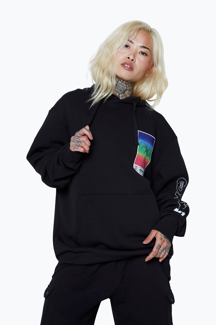 CONTINU8 UNISEX BLACK SQUARE SPECTRUM BOXY HOODIE