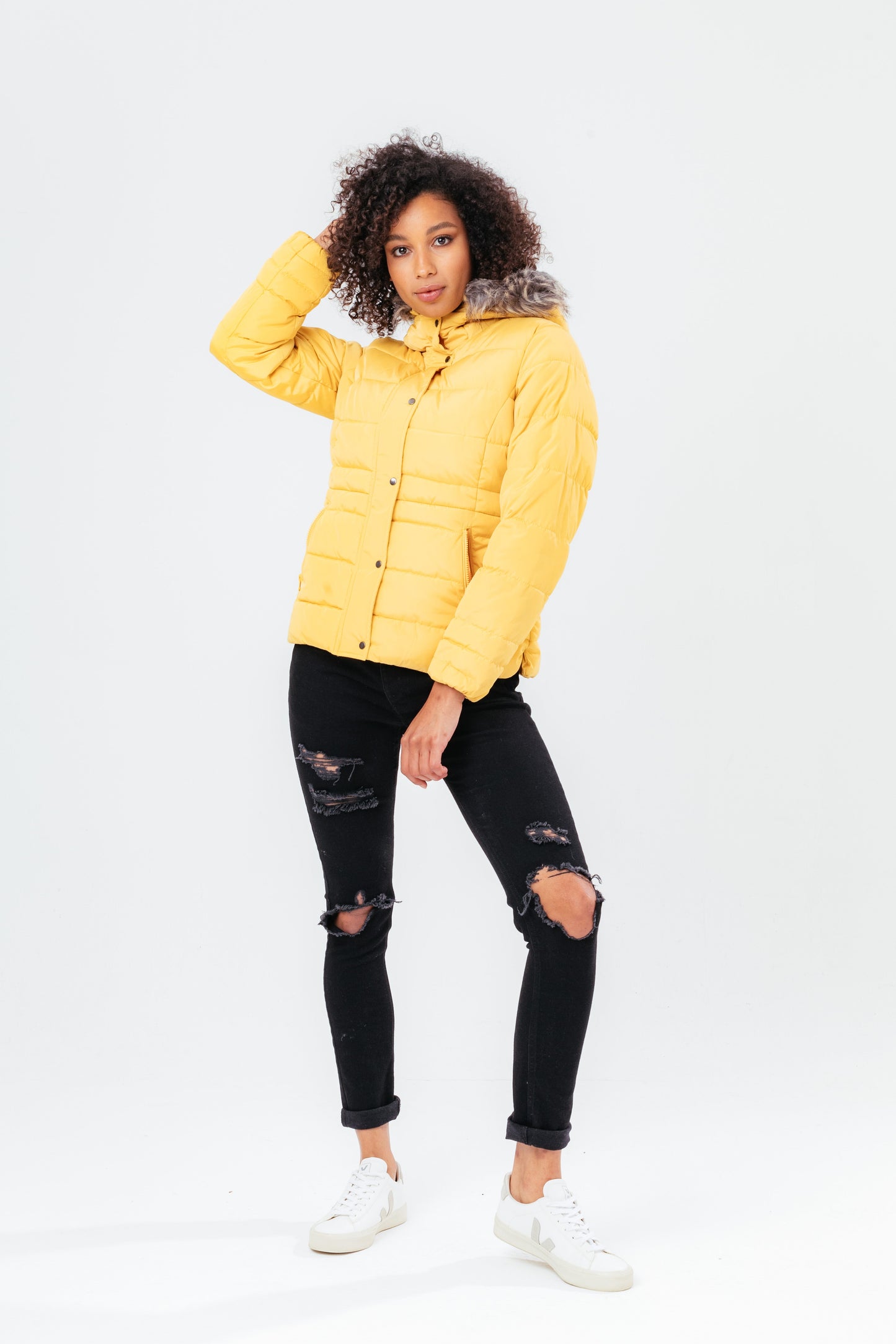 Hype Mustard Short Length Women'S Padded Coat With Fur