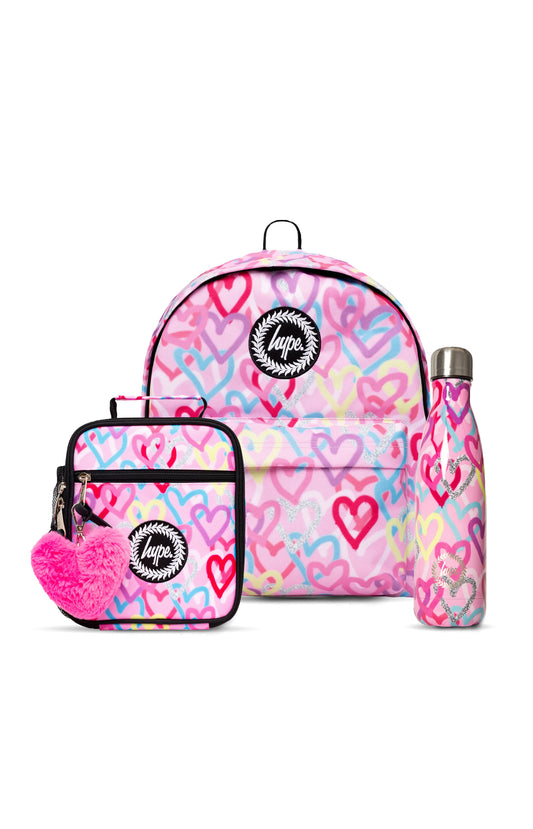 Hype Unisex Pink Graffiti Hearts Backpack, Lunch Bag & Bottle Bundle