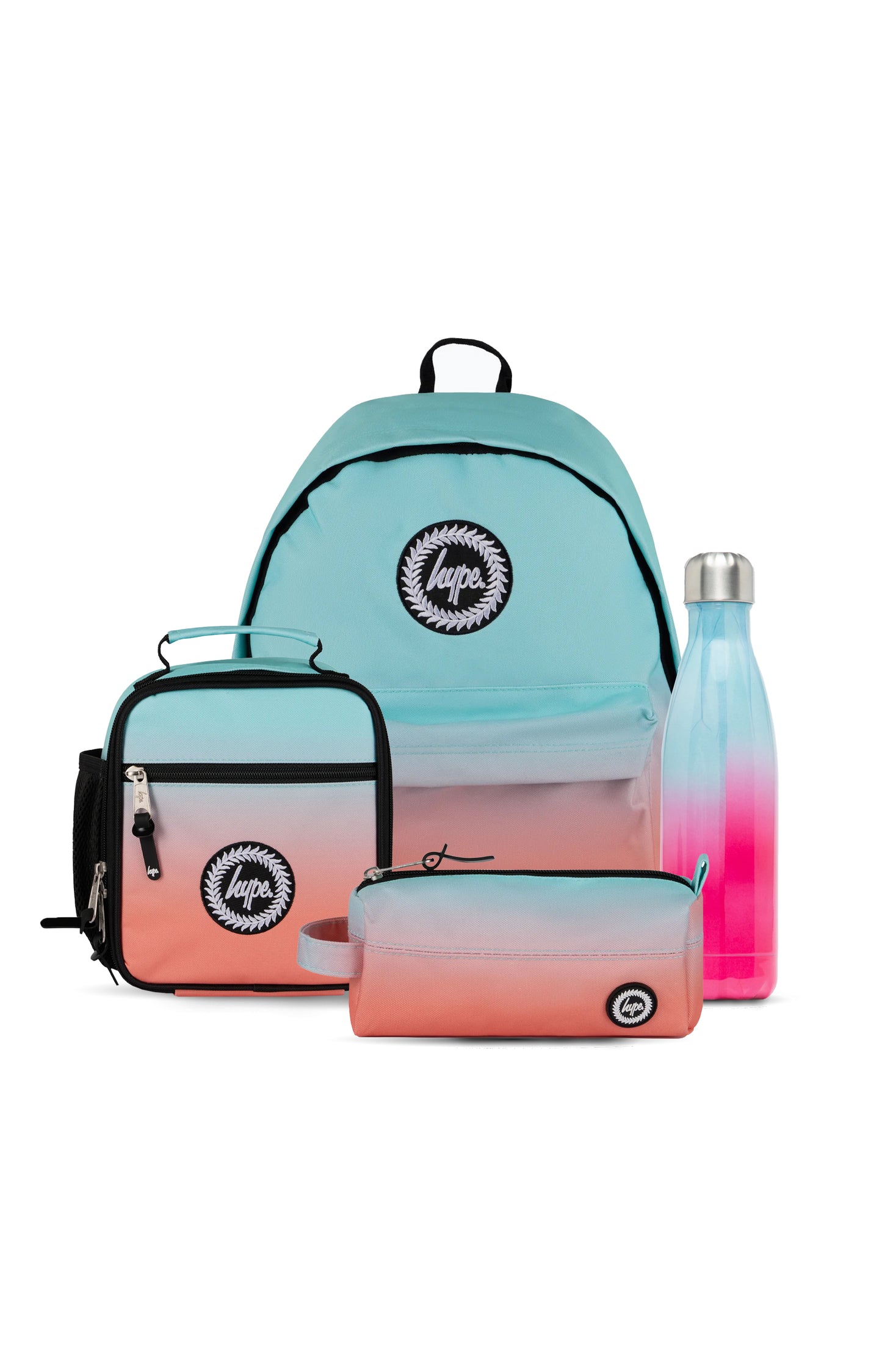 Hype Unisex Mint & Peach Fade Backpack, Lunch Bag, Bottle & Pencil Case Bundle