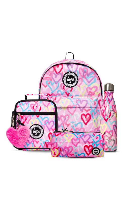 Hype Unisex Pink Graffiti Hearts Backpack, Lunch Bag, Bottle & Pencil Case Bundle