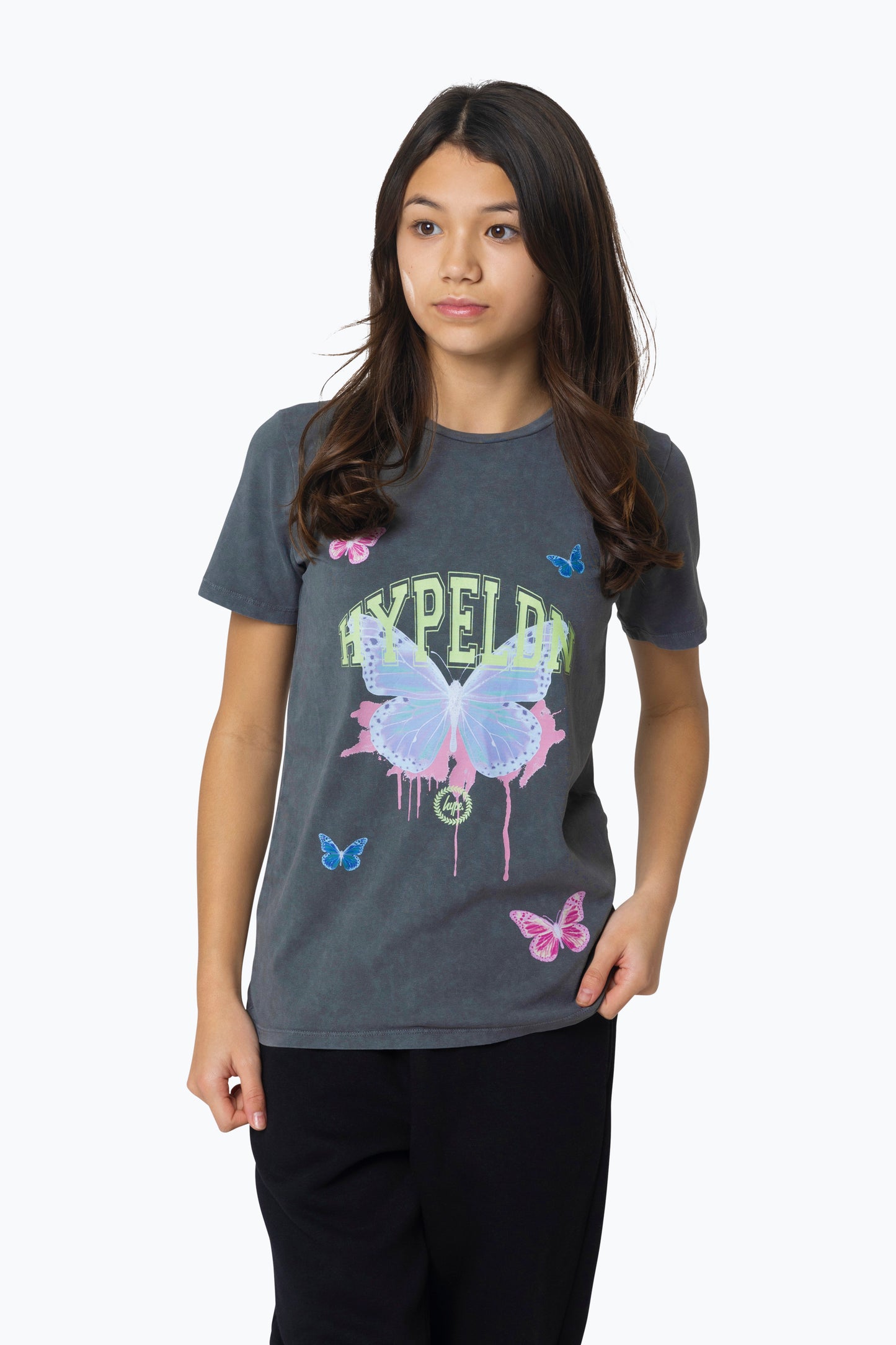 Hype Girls Black Acid Wash Butterfly T-Shirt