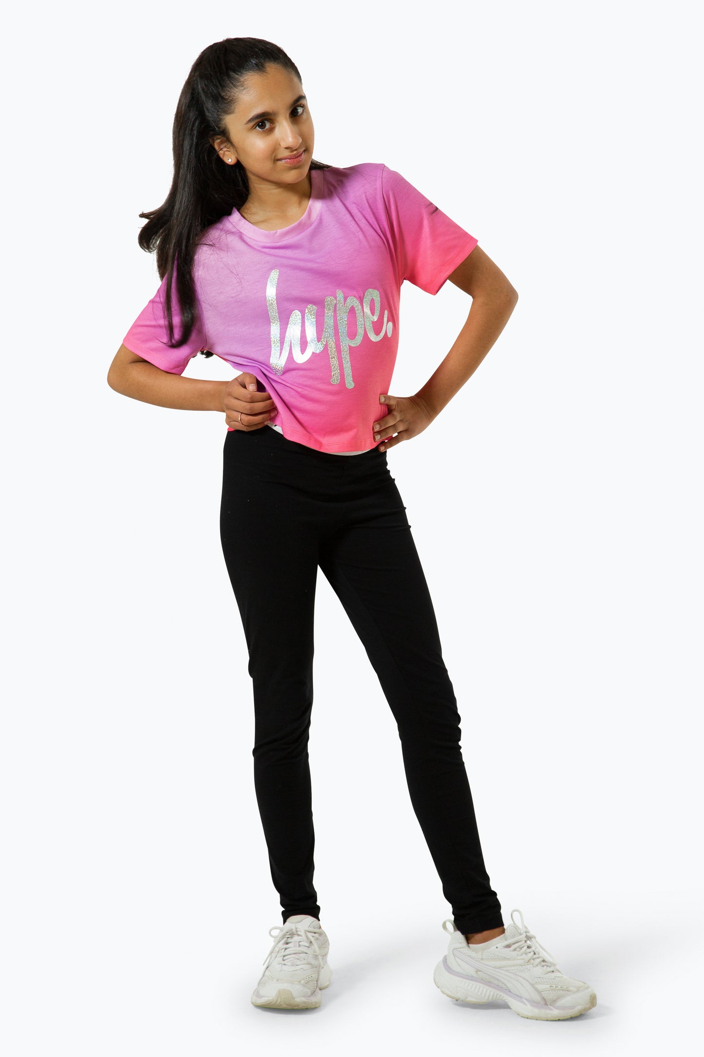 Hype Girls Pink Fade Holographic Script Cropped T-Shirt