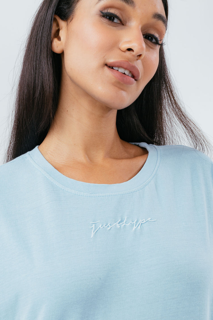 HYPE WASHED BABY BLUE SCRIBBLE LOGO WOMEN'S OVERSIZED T-SHIRT