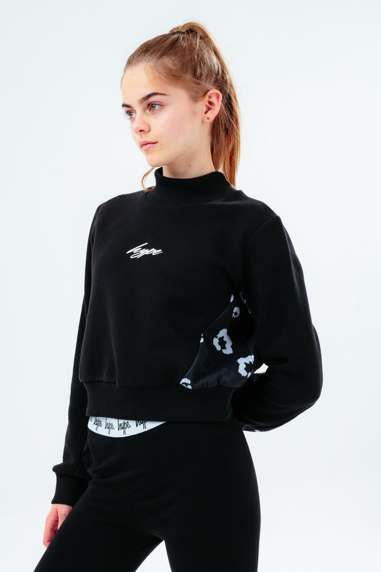 HYPE GIRLS BLACK LEOPARD PANEL SCRIBBLE CROPPED HIGH NECK CREW NECK
