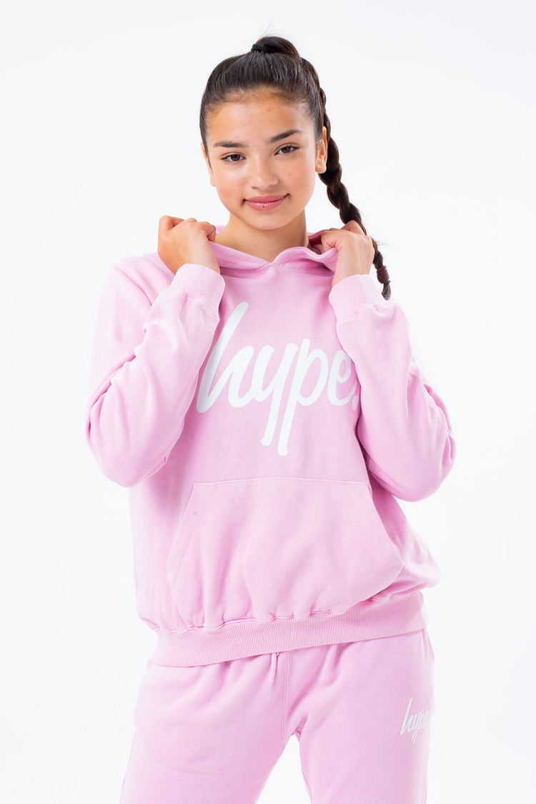 HYPE WASHED BABY PINK SCRIBBLE LOGO GIRLS PULLOVER HOODIE
