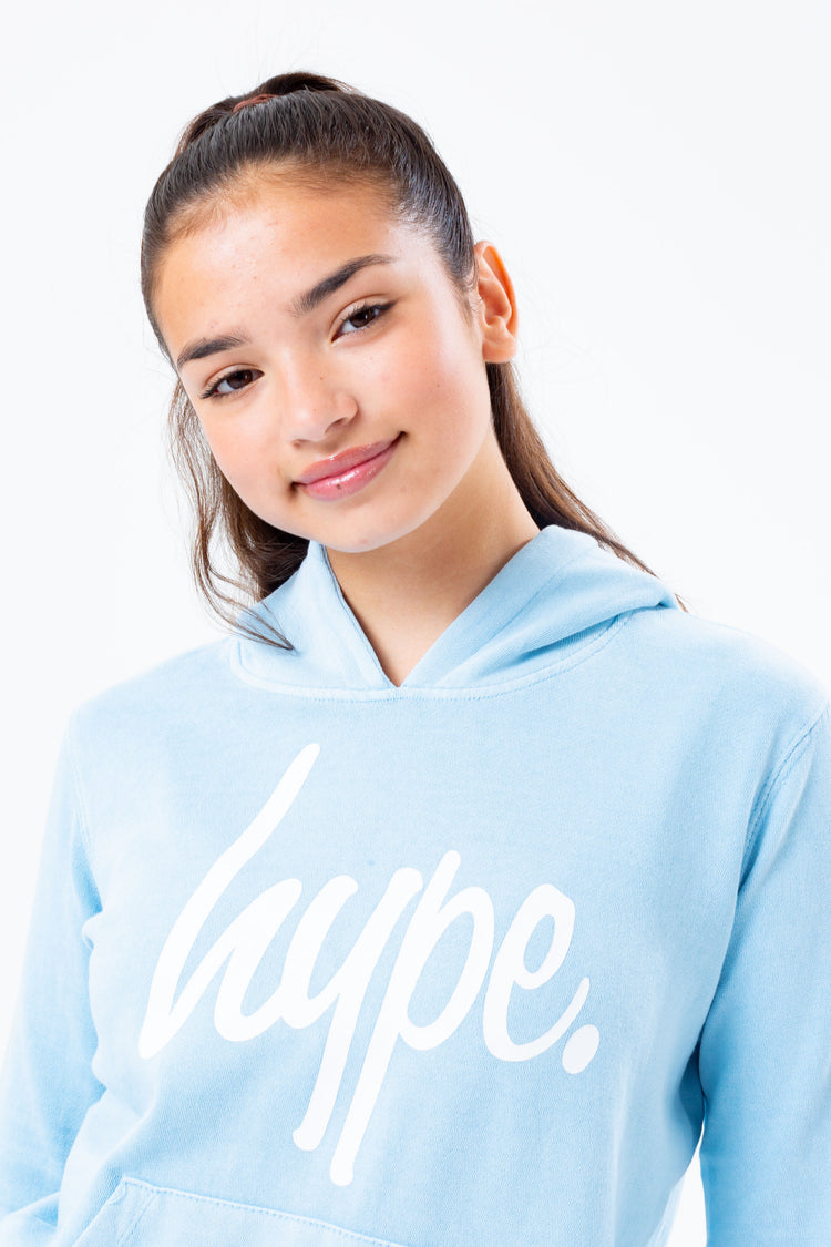 HYPE WASHED BABY BLUE SCRIPT LOGO GIRLS PULLOVER HOODIE