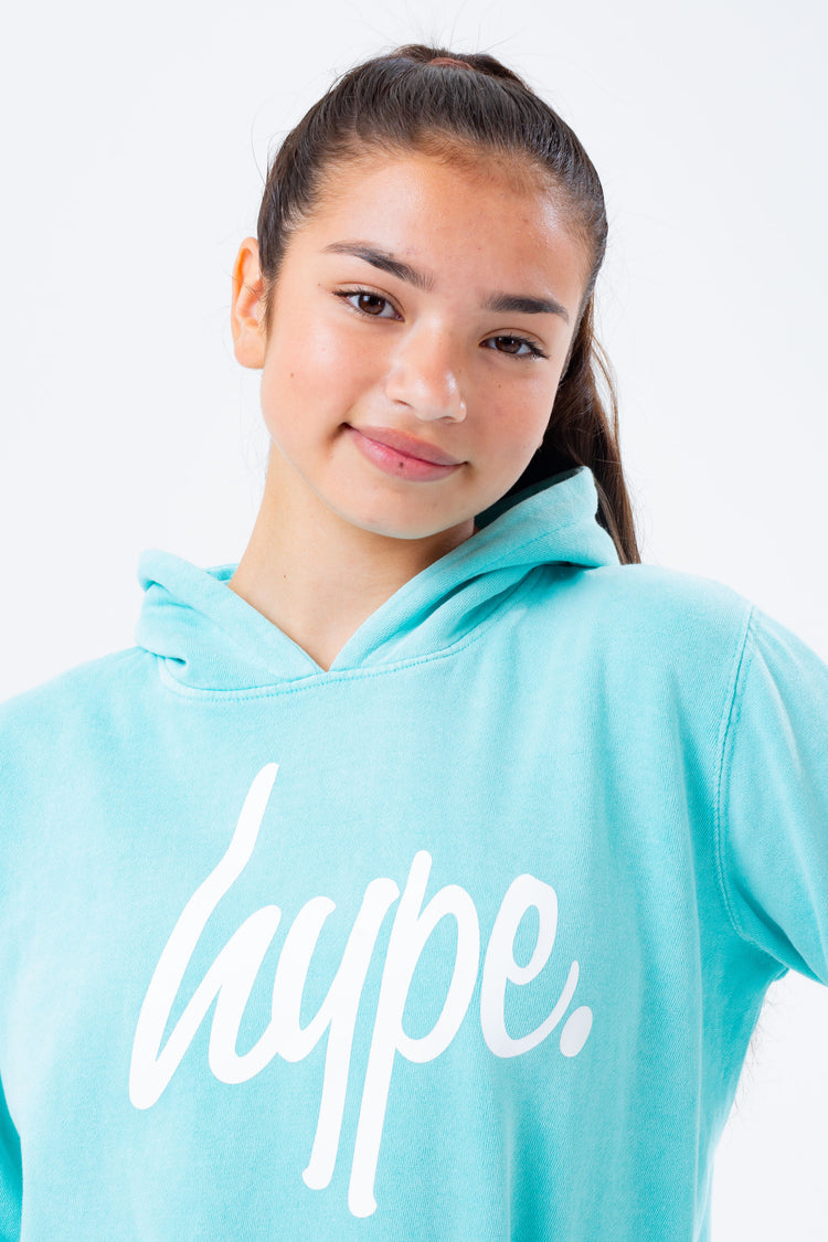 HYPE WASHED MINT SCRIPT LOGO GIRLS PULLOVER HOODIE