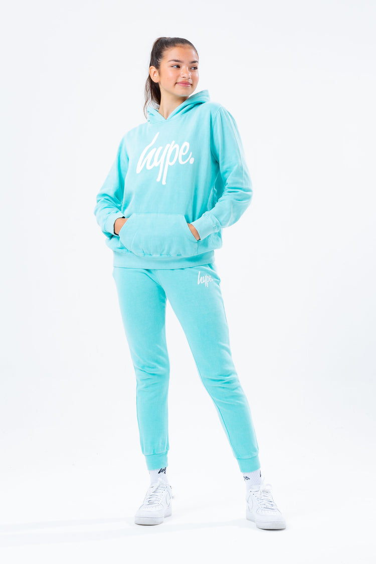 HYPE WASHED MINT SCRIPT LOGO GIRLS PULLOVER HOODIE