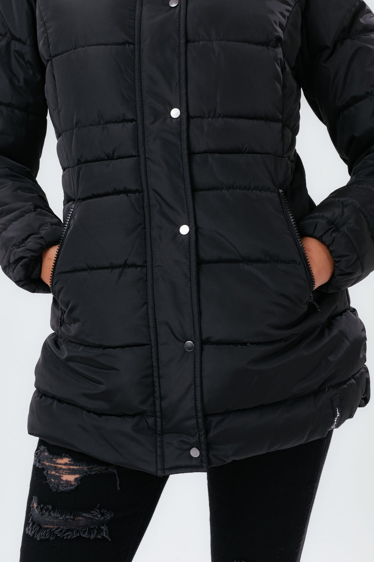 HYPE BLACK MID LENGTH WOMEN'S PADDED COAT WITH FUR
