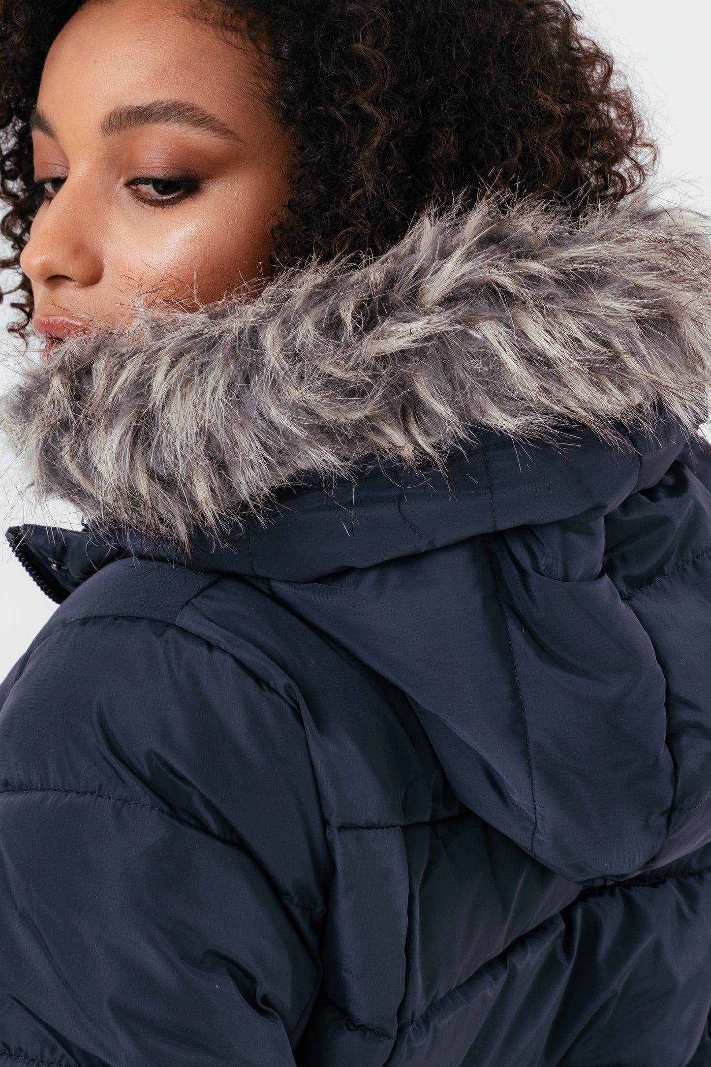 Hype Navy Mid Length Women'S Padded Coat With Fur