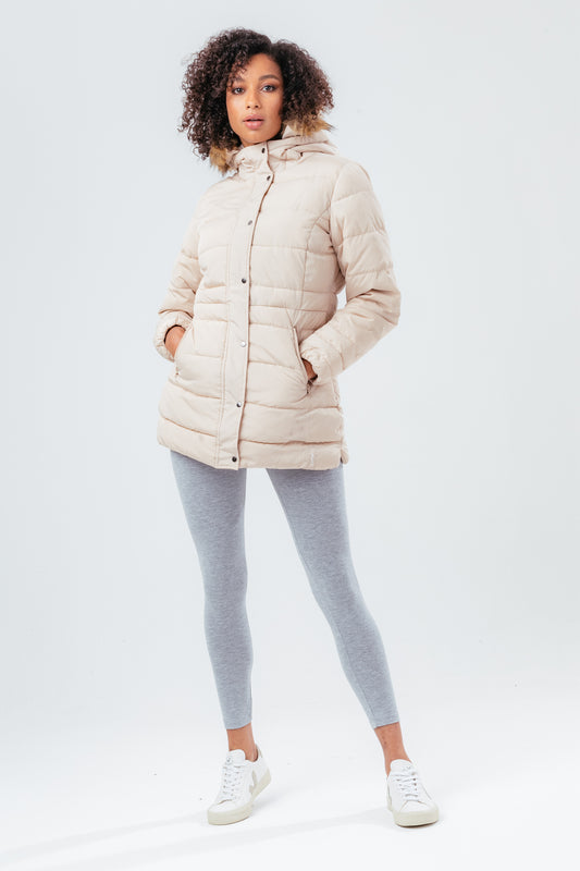 HYPE BEIGE MID LENGTH WOMEN'S PADDED COAT WITH FUR