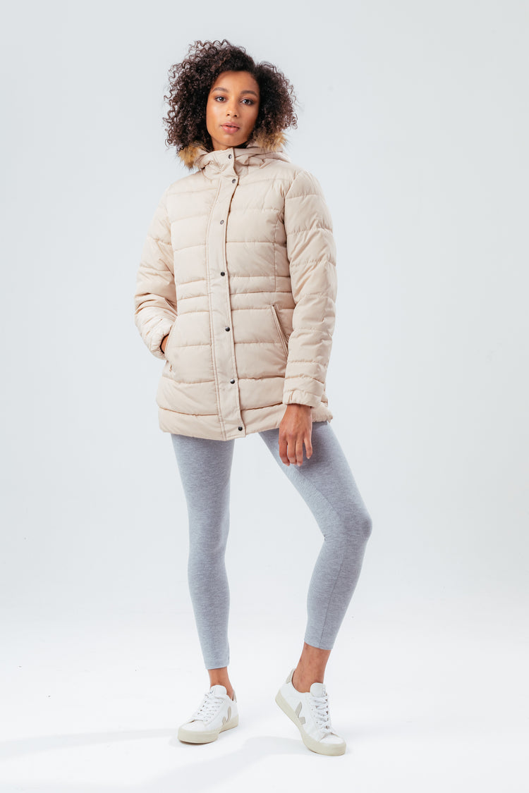 HYPE BEIGE MID LENGTH WOMEN'S PADDED COAT WITH FUR