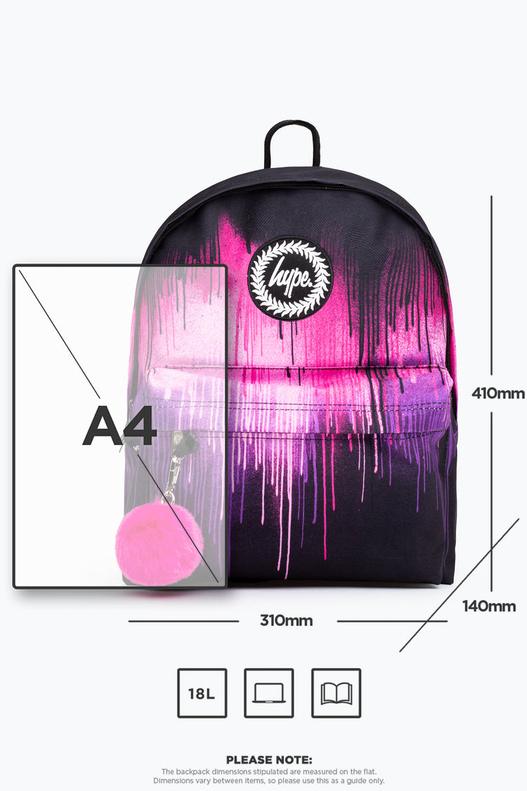 Hype Pink Drips Backpack Meet the HYPE. Purple & Pink Drip Backpack, part  of the HYPE. 2022 Back to School collection. Designed in our standard  backpack shape in an all-over pink and