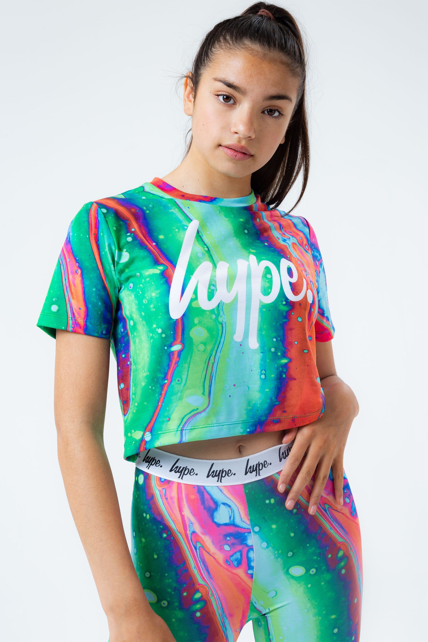 HYPE CORAL MARBLE GIRLS CROP T-SHIRT