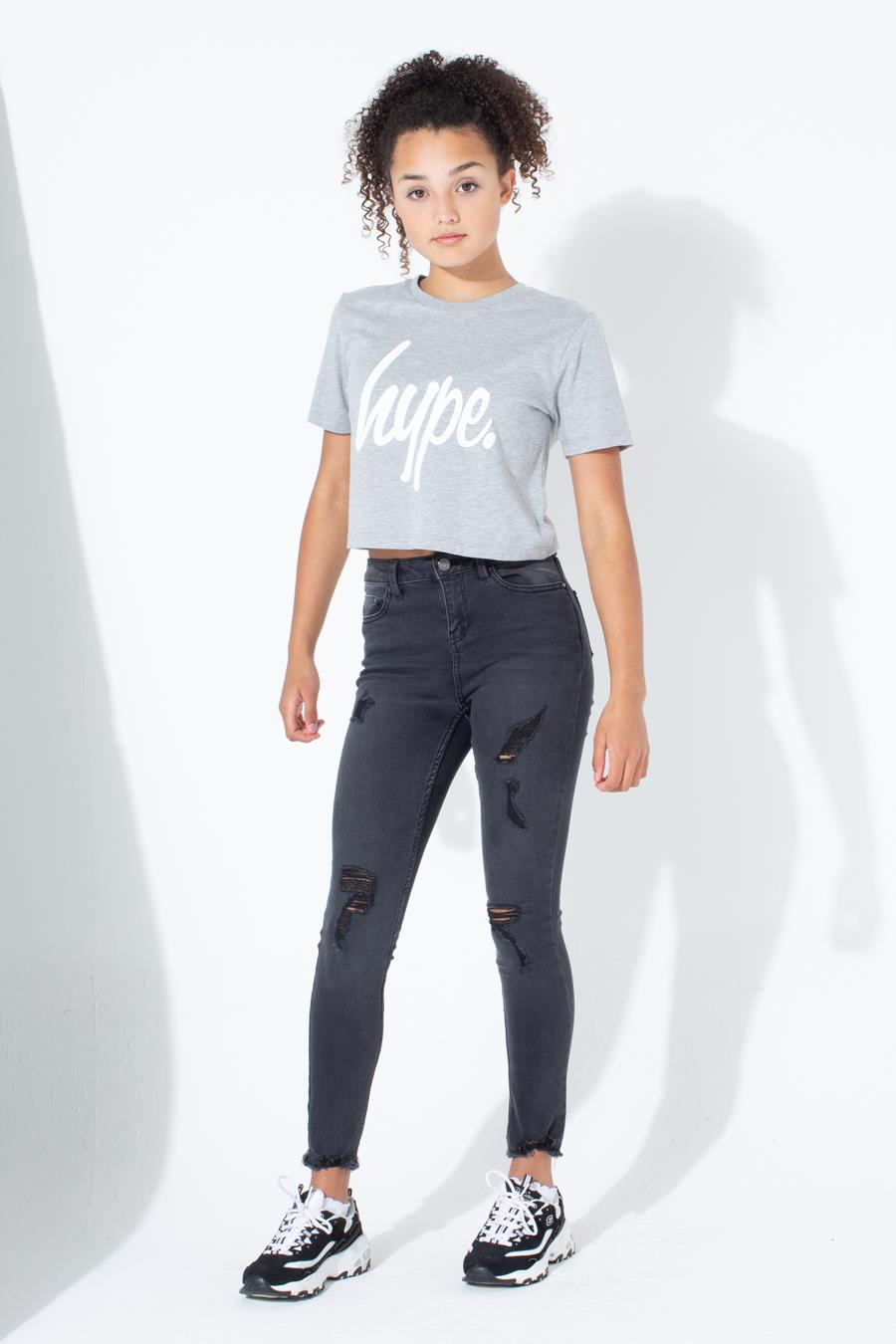 HYPE GREY WHITE SCRIPT KIDS CROP T-SHIRT