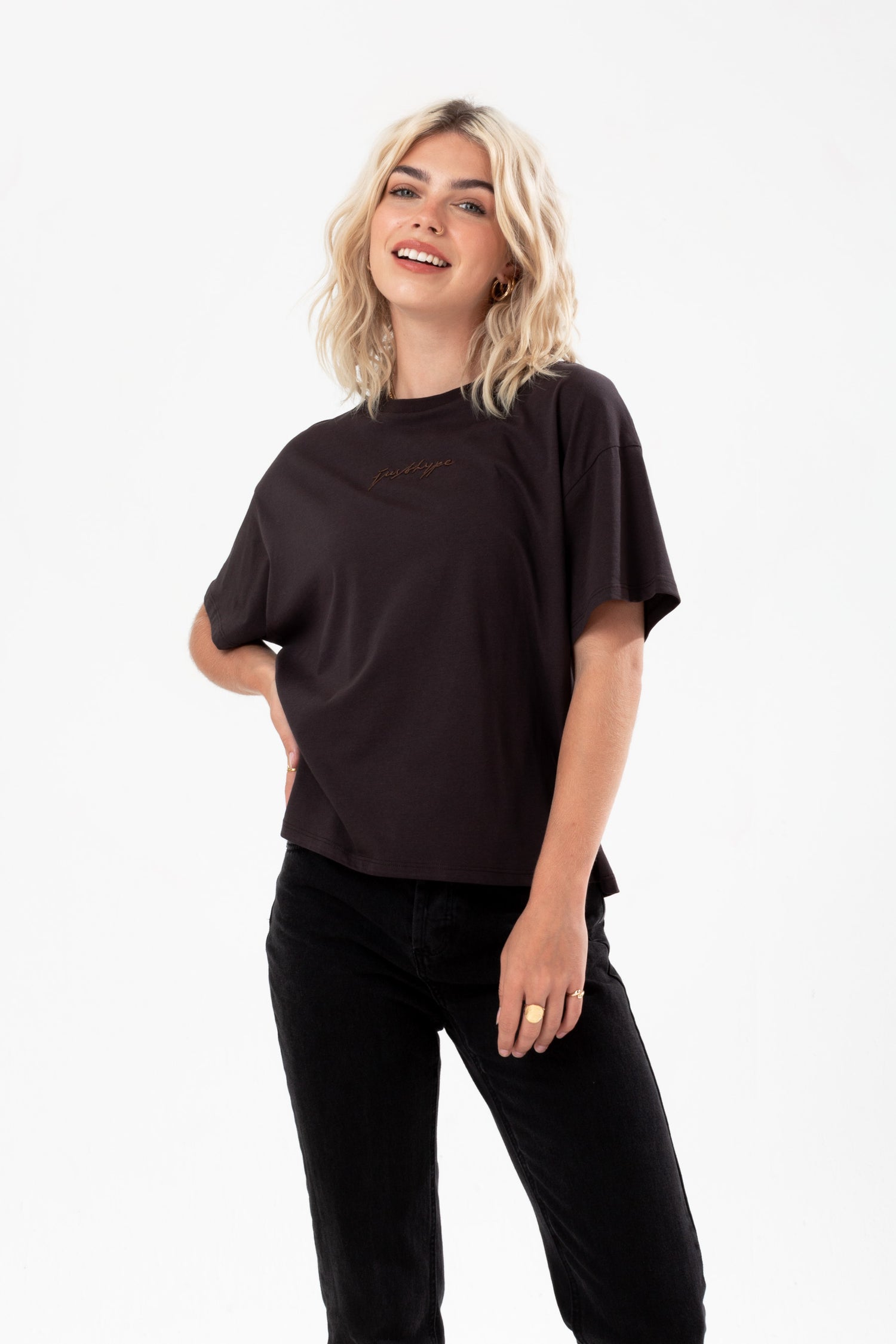 HYPE WOMENS CHARCOAL SCRIBBLE EMBROIDERY BOXY T-SHIRT