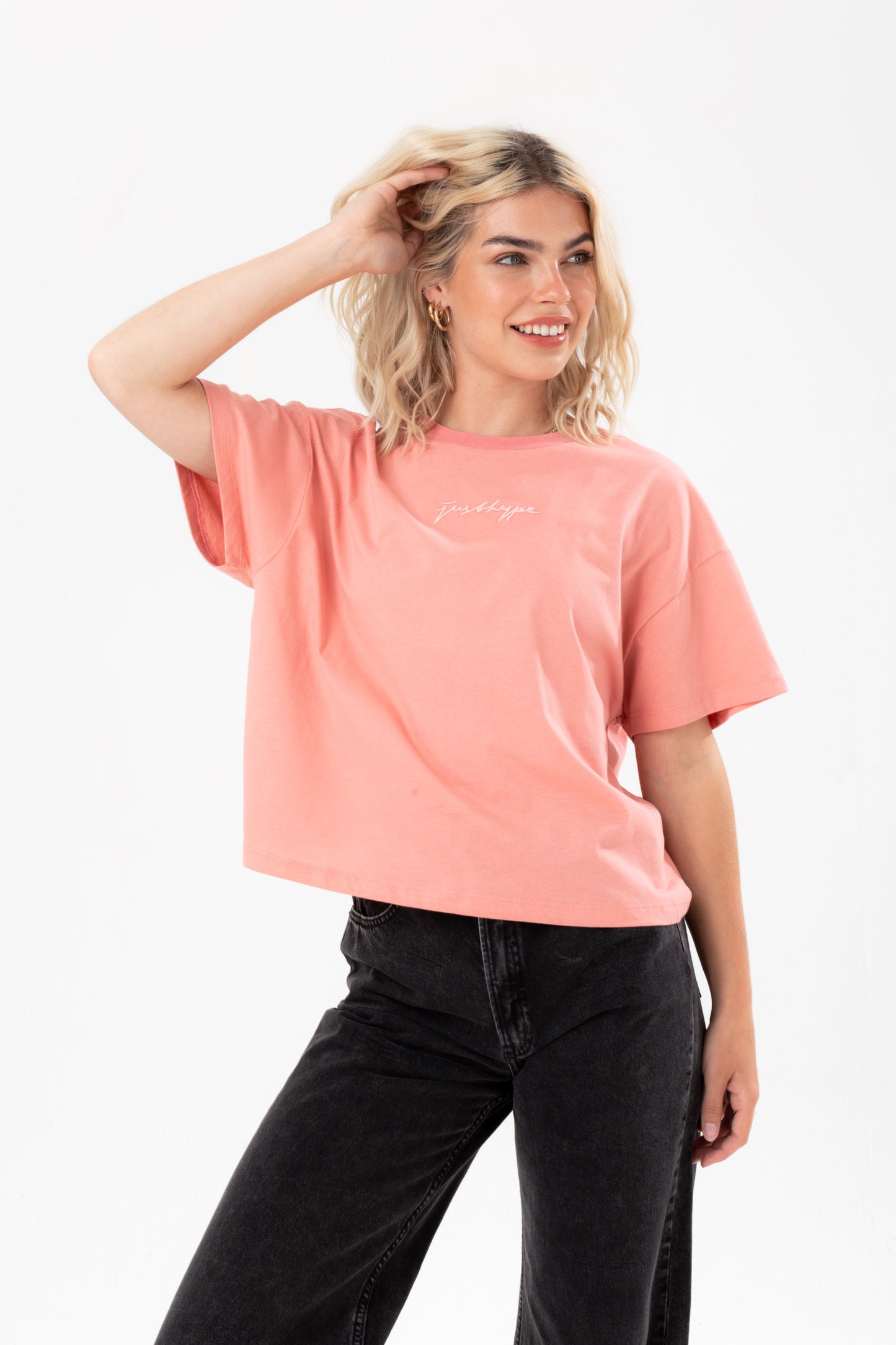 Hype Womens Blush Scribble Embroidery Boxy T-Shirt