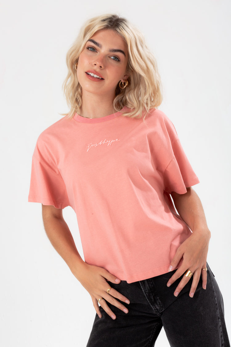 HYPE WOMENS BLUSH SCRIBBLE EMBROIDERY BOXY T-SHIRT
