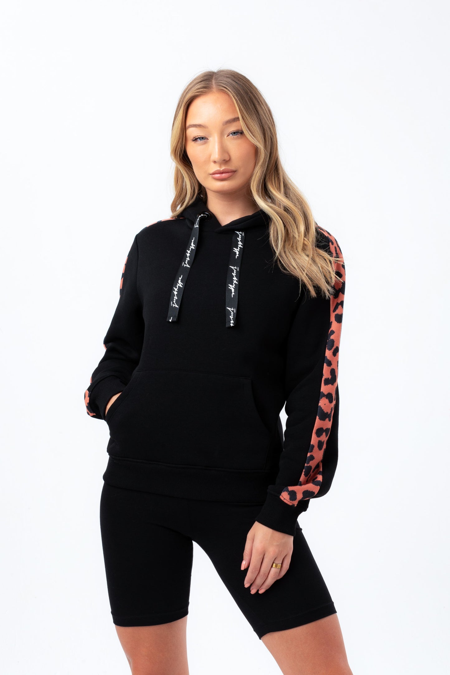 Hype Womens Black Brick Cheetah Panel Justhype Drawcord Hoodie