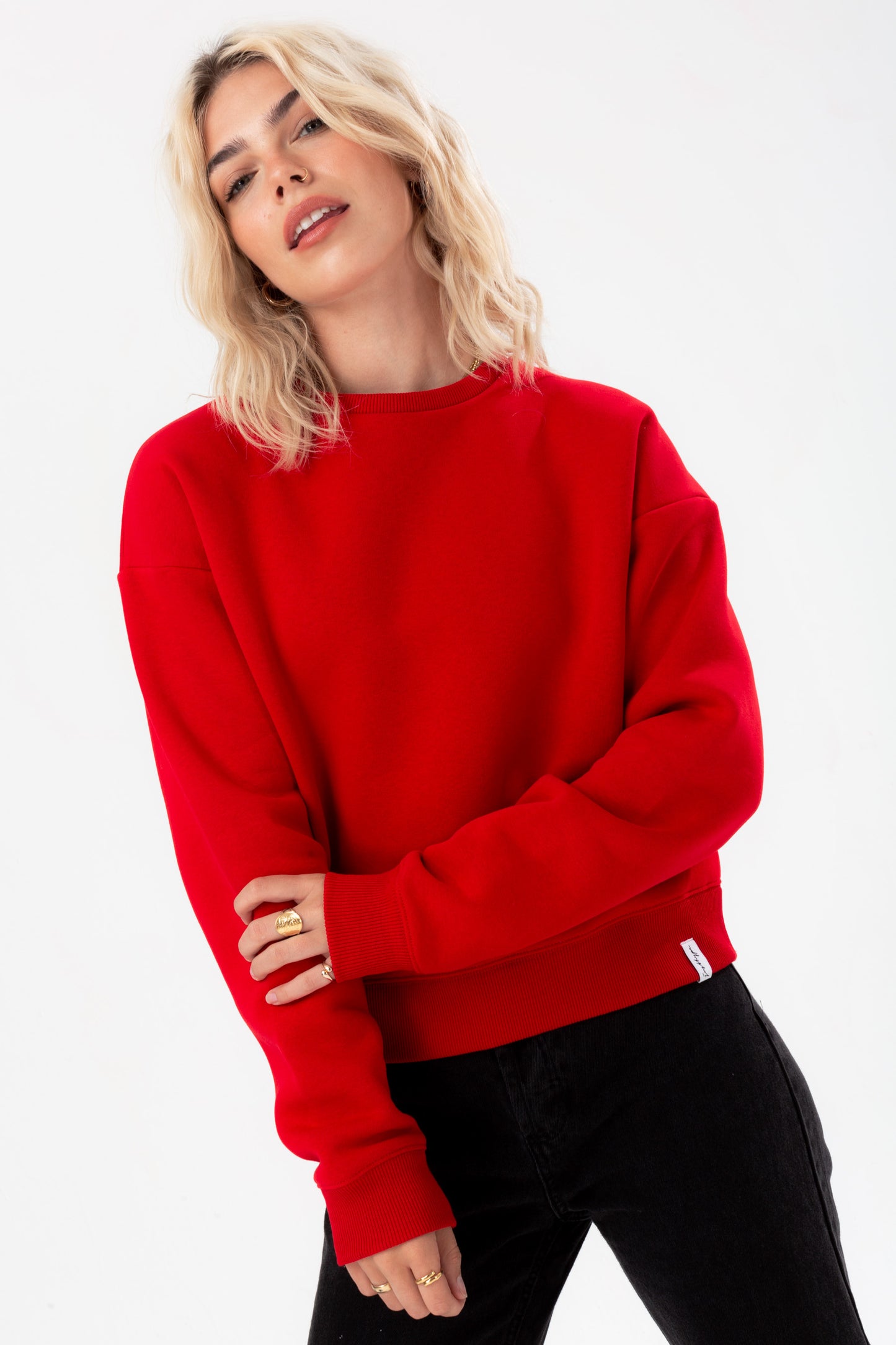 Hype Womens Red Justhype Woven Label Crew Neck