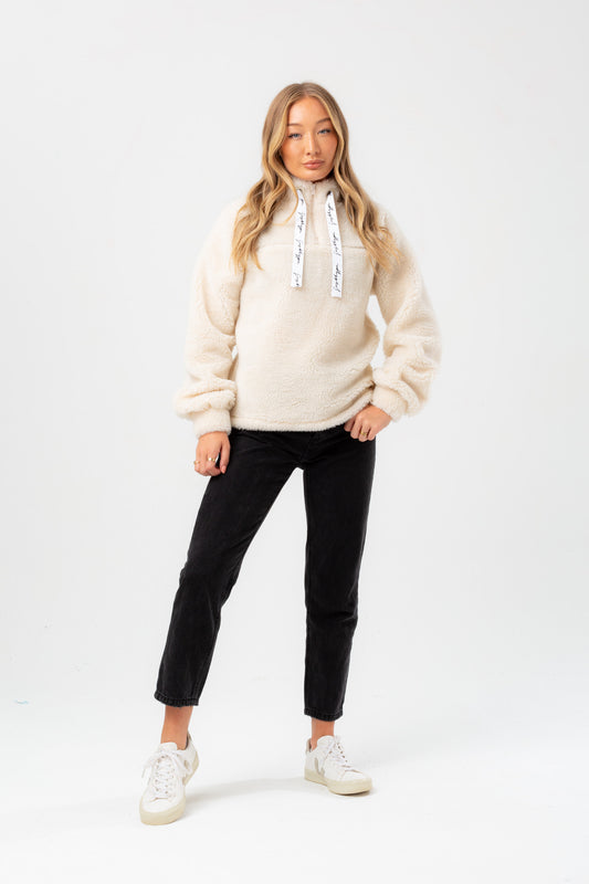 HYPE WOMENS CREAM SHERPA JUSTHYPE DRAWCORD HIGH NECK CREW NECK