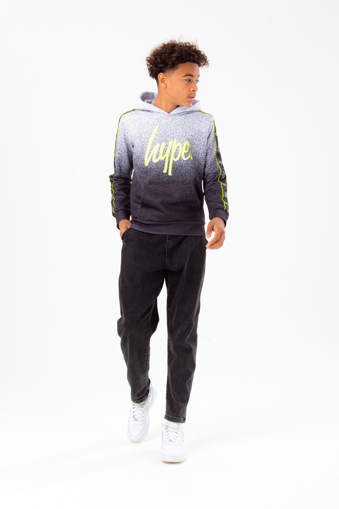 Hype Boys Mono Speckle Fade Tape Lime Script Hoodie