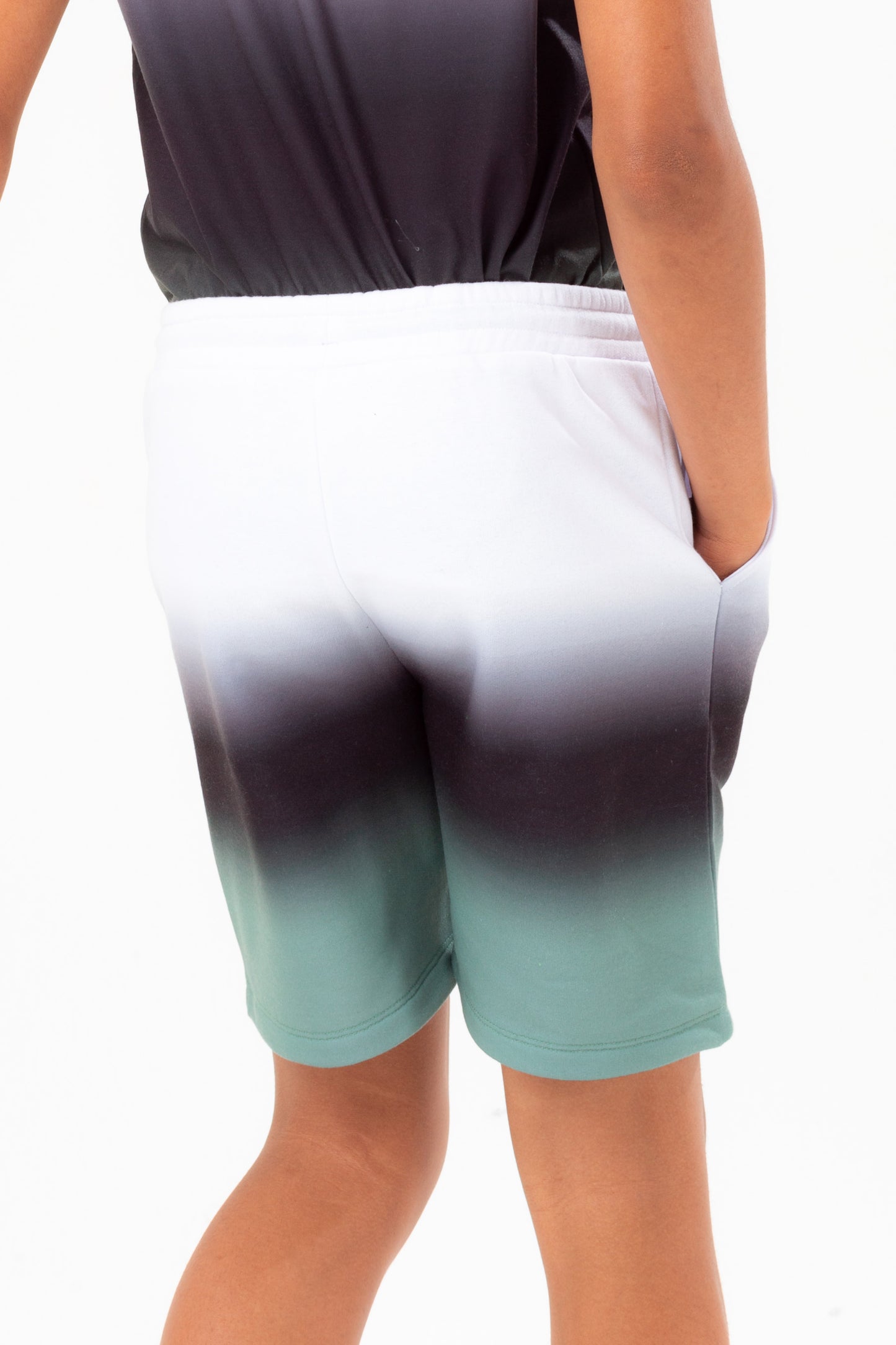 Hype Boys White Black Khaki Fade Script Shorts