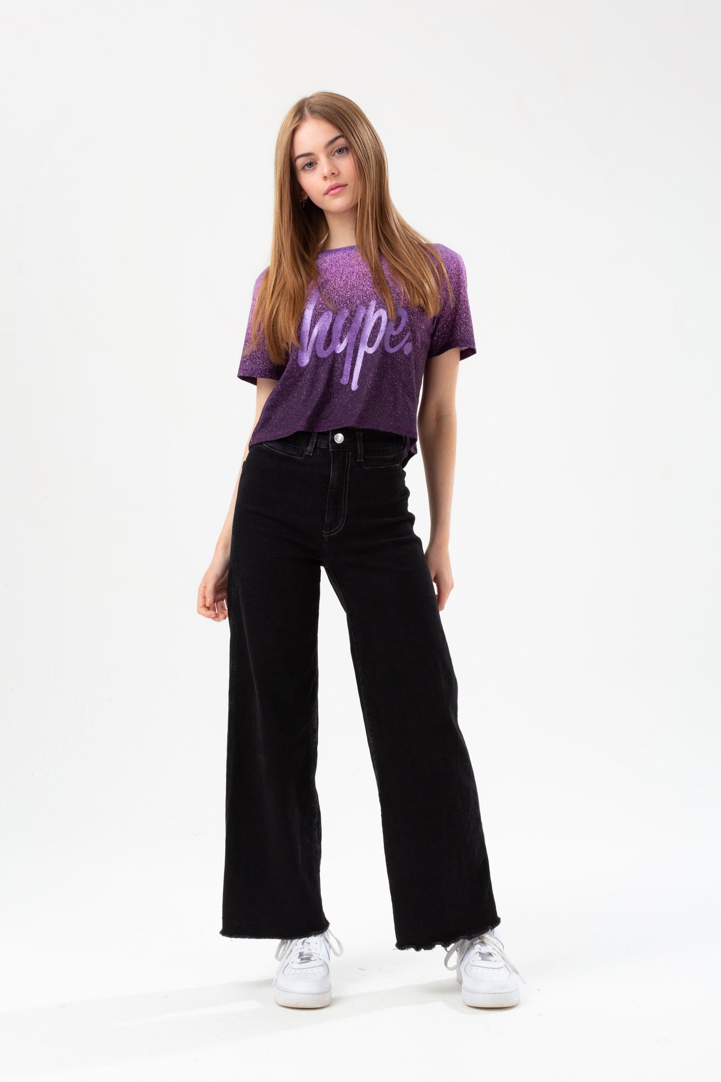 Hype Girls Purple Speckle Fade Glitter Script Cropped T-Shirt