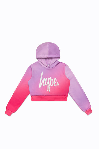 HYPE GIRLS PINK FADE HOLOGRAPHIC SCRIPT CROPPED HOODIE