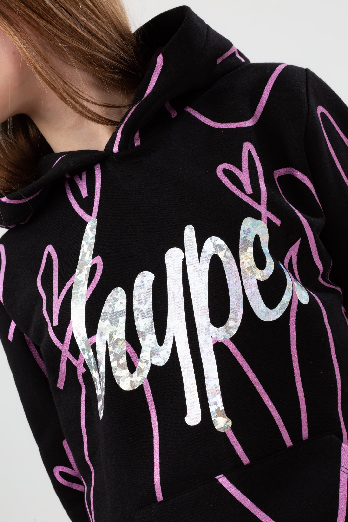 Hype Girls Black Holographic Sketch Foil Script Hoodie