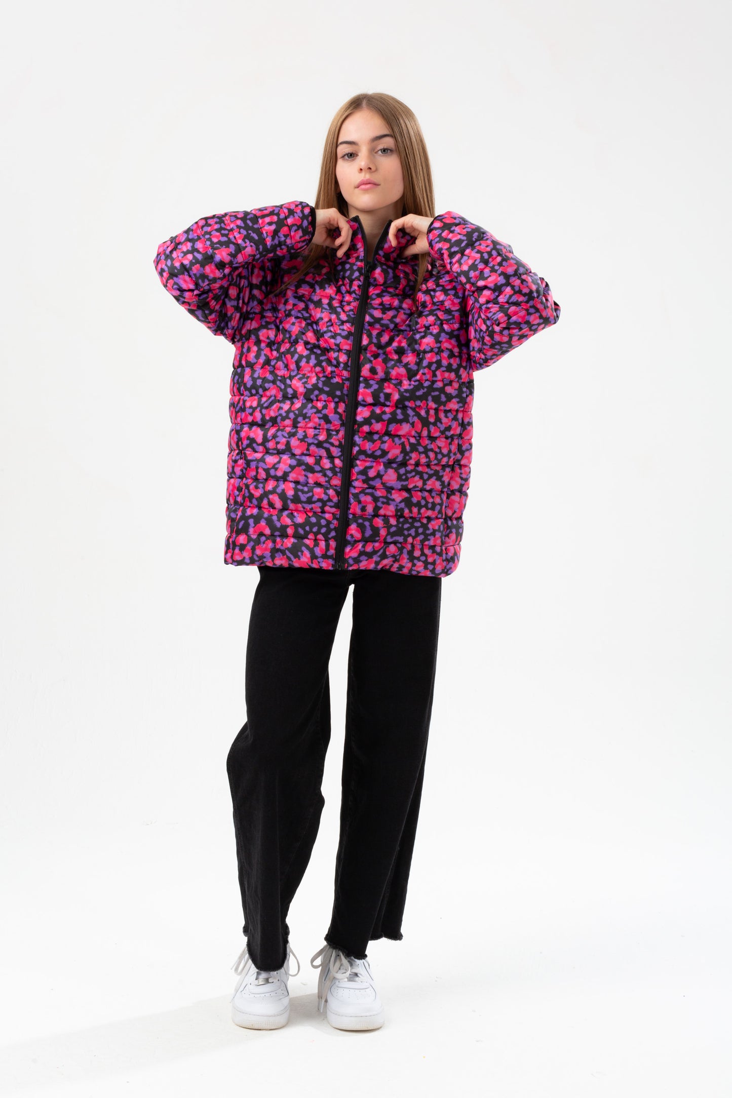 Hype Girls Purple Neon Cheetah Padded Arm Crest Jacket