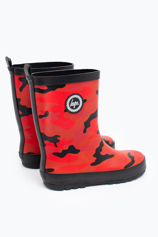 HYPE KIDS UNISEX BLACK RED CAMO RUBBERISED CREST WELLIES