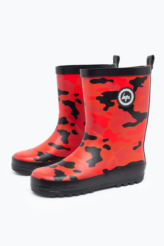 HYPE KIDS UNISEX BLACK RED CAMO RUBBERISED CREST WELLIES